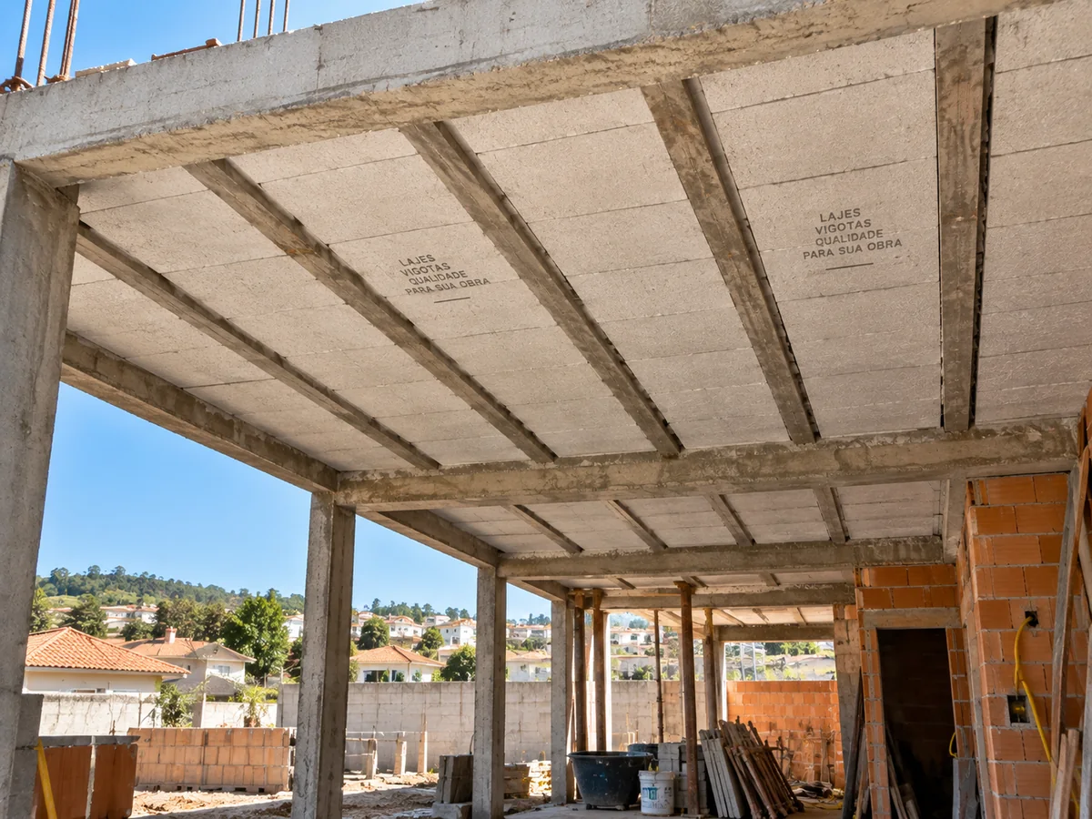 Laje pré-moldada com vigotas aparentes, vista por baixo durante a construção.