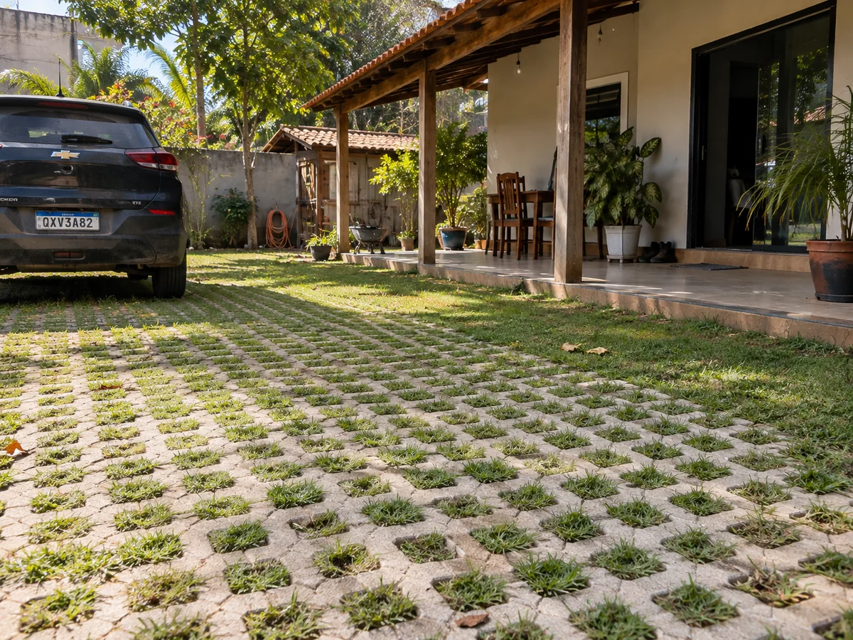 Pisograma com grama em uma entrada de garagem ao lado de uma varanda.